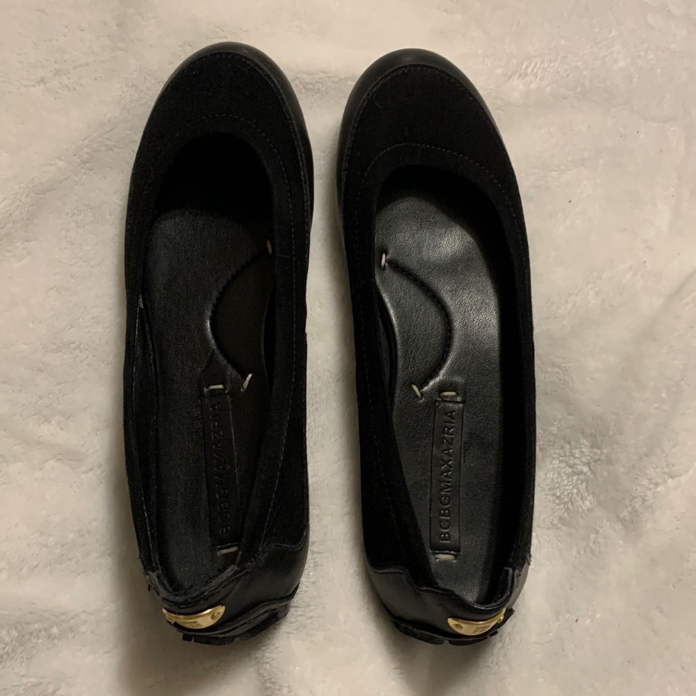 bcbg black suede and leather flats with gold hardware